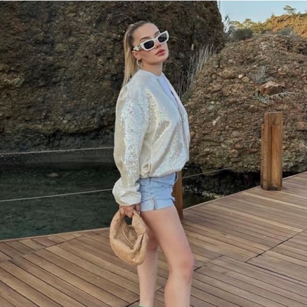 Zara Sequined Bomber Jacket In Beige Size Small